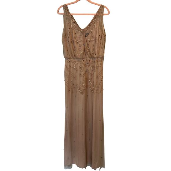 Adrianna Papell Night Bugeln Beaded Long Maxi Gown Dress In Champagne Gold 8 - Picture 3 of 14
